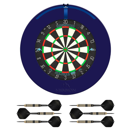 Mission Samurai Infinity Dartboard Set - Dart Board, Surround, Torus 270 Light & 2 sets of Brass Darts - Blue