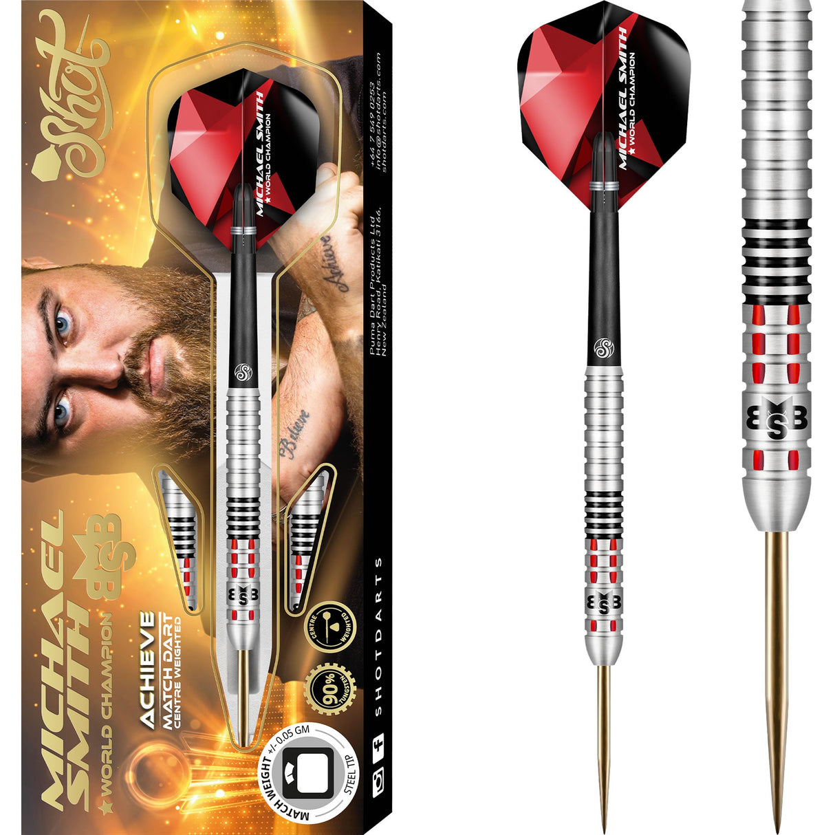 Shot Michael Smith Darts – Stahlspitze Tungsten – mittig gewichtet – Bully Boy – Achieve